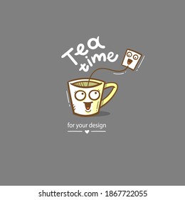 Сard with cute cartoon mug and tea. Funny drink print. Anthropomorphic tableware poster. Vector doodle illustration. Cheerful hand drawn сup.