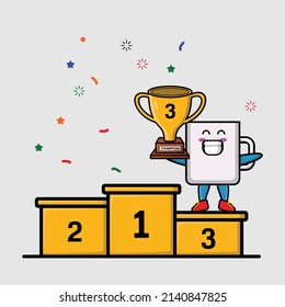 Cute cartoon mug as the third winner with happy expression in 3d modern style design