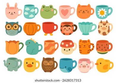 Cute cartoon mugs in playful shapes, perfect for children’s designs, prints, stickers and packaging.