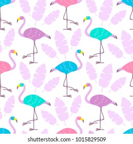 Cute cartoon multicolor flamingos and pink tropical leaves isolated on white background. Vector seamless pattern can be used for posters, banners, t-shirt print, party invitaions, wrapping