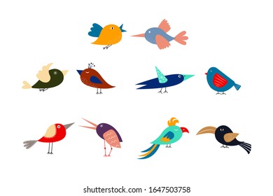 Cute cartoon multicolored birds on white background. Set