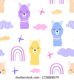 Cute cartoon multi-colored llamas. Seamless pattern. Vector illustration isolated on a white background.