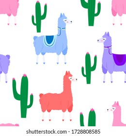 Cute cartoon multi-colored llamas. Seamless pattern. Vector illustration isolated on a white background.