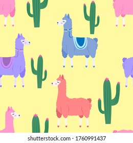 Cute cartoon multi-colored llamas. Seamless pattern. Vector illustration isolated on a yellow background.