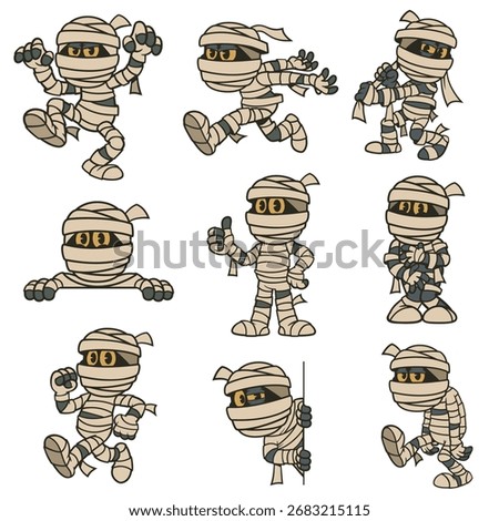 Cute Cartoon Mummy 9 Pose Set – Halloween Character Vector Illustration