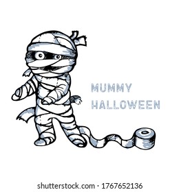 Cute cartoon mummy art line black and white vector isolated on white background. Black and white simple linear vector illustration for coloring book-linear vector, for Halloween party invitations