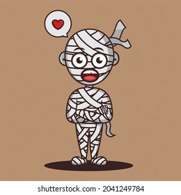 Cute Cartoon Mummy with love vector illustration. Halloween Mascot character.
