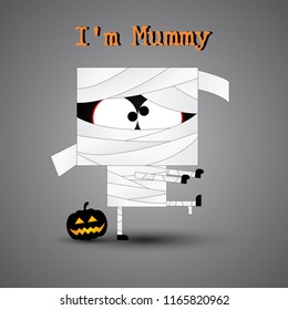 Cute cartoon Mummy with pumpkin , Halloween party concept. vector illustration.