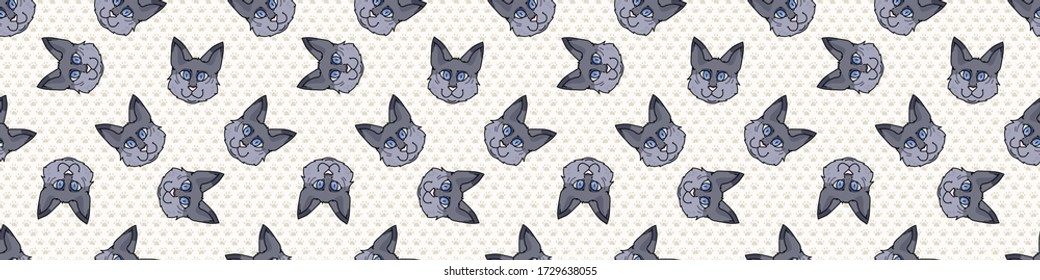 Cute dibujos animados masticar gato frente a un borde vectorial sin fisuras. Pedigree crianza de gatos domésticos. Gato amante gris purebautizado por todo el mundo. EPS 10 sin pelo corto. 