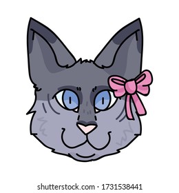 Cute cartoon munchkin cat face with pink bow vector clipart. Pedigree kitty breed for cat lovers. Purebred grey domestic kitten for pet parlor illustration mascot. Isolated feline housecat. EPS 10.