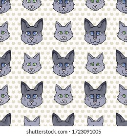 Cute cartoon munchkin cat and kitten face seamless vector pattern. Pedigree kitty breed domestic cat background. Cat lover grey purebred all over print. Hairless short EPS 10. 