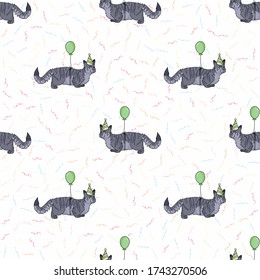 Cute cartoon munchkin cat with party hat seamless vector pattern. Pedigree kitty breed domestic cat background. Cat lover celebration all over print. Hairless short EPS 10. 