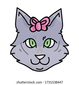 Cute cartoon munchkin kitten face with pink bow vector clipart. Pedigree kitty breed for cat lovers. Purebred grey domestic cat for pet parlor illustration mascot. Isolated feline housecat. EPS 10.