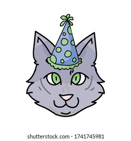 Cute cartoon munchkin kitten face with party hat vector clipart. Pedigree kitty breed for cat lovers. Purebred grey celebration cat for pet parlor illustration mascot. Isolated feline housecat. EPS 10