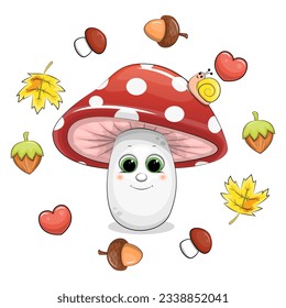 Cute cartoon mushroom in an autumn frame. Vector illustration of big red mushroom with a nut, yellow leaf, heart and acorn on a white background.