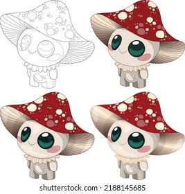 Cute cartoon mushroom character set sketch template for children. Graphic vector illsutartion in color and black and white for game, background, pattern, decor. Coloring paper, page, story book, print