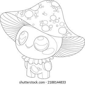 Cute cartoon mushroom character sketch template for children. Graphic vector illsutartion in black and white for games, background, pattern, decor. Coloring paper, page, story book. Print for fabrics 