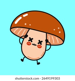 Um personagem bonito de cogumelo de desenho animado com olhos X, bochechas rosadas, e uma expressão preocupada contra um fundo azul.