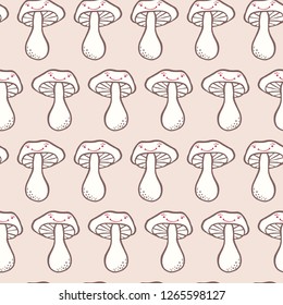 Cute cartoon mushroom with happy face. Hand drawn seamless vector pattern. Illustration of childish woodland forest fungi for kids.