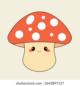 A cute cartoon mushroom with a happy face and red spotted cap, drawn in a simple kawaii style. Perfect for prints,designs, and stickers.