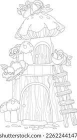 Cute cartoon mushroom house in the wood sketch template. Graphic vector illsutartion in black and white for games, background, pattern, decor. Cildrens story book, coloring paper, page, print