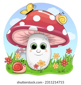 Cute cartoon mushroom in nature with flowers and snails. Vector illustration with blue background.