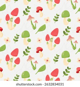 Cute Cartoon Mushroom Seamless Pattern - Hand-Drawn, wild plant, nature, forest, green, summer, vegetable pattern, vector illustration, kid design, for fabric, print, wallpaper, background, paper, kid