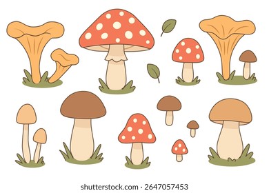 Cogumelo de desenho animado bonito com chanterelles, agarics mosca, boletes. Perfeito para design infantil, decoração de outono, embalagem, adesivos, materiais educativos. Ilustração de vetor plano sobre fundo branco
