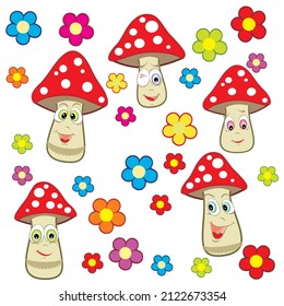 Cute cartoon mushroom set. Funny red mushroom  in different poses with flowers vector.