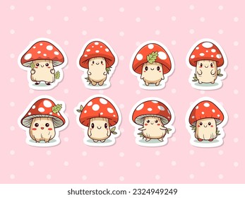 Cute cartoon mushroom sticker pack for kids. Vector.