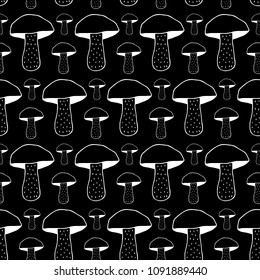 Cute cartoon mushroom texture with hand drawn mushrooms. Sweet vector black and white mushroom texture. Seamless monochrome doodle mushroom texture for textile, wallpapers, wrapping paper and cards.