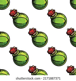 Cute cartoon mushroom toadstool bottle doodles seamless border pattern. Vector repeatable background texture tile. Cozy template of stock image for wrapping design, wallpaper