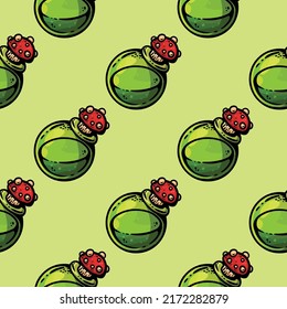 Cute cartoon mushroom toadstool bottle doodles seamless border pattern. Vector repeatable background texture tile. Cozy template of stock image for wrapping design, wallpaper