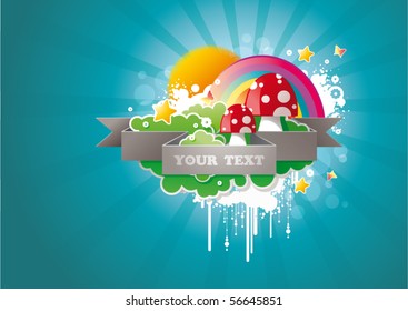 cute cartoon mushrooms with  clouds, gold stars and rainbow against blue background.