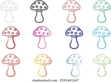 Cute cartoon mushrooms, colorful outlines, polka dot patterns, simple line drawings, pastel colors, repeating designs, whimsical illustration, doodle style, kawaii aesthetic, grid layout, multicolored