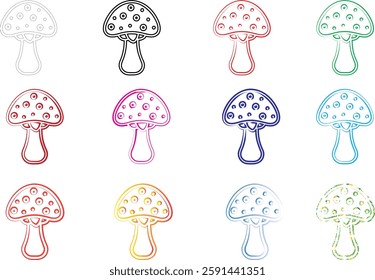 Cute cartoon mushrooms, colorful outlines, polka dot patterns, simple line drawings, pastel colors, repeating designs, whimsical illustration, doodle style, kawaii aesthetic, grid layout, multicolored