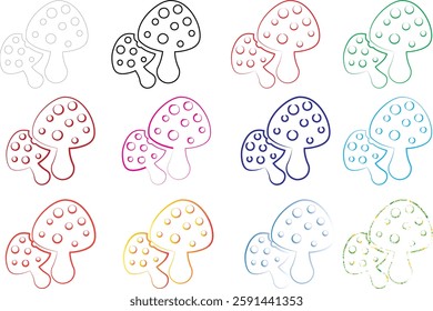 Cute cartoon mushrooms, colorful outlines, polka dot patterns, simple line drawings, pastel colors, repeating designs, whimsical illustration, doodle style, kawaii aesthetic, grid layout, multicolored