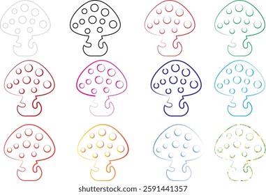 Cute cartoon mushrooms, colorful outlines, polka dot patterns, simple line drawings, pastel colors, repeating designs, whimsical illustration, doodle style, kawaii aesthetic, grid layout, multicolored