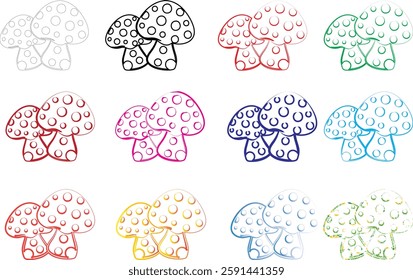 Cute cartoon mushrooms, colorful outlines, polka dot patterns, simple line drawings, pastel colors, repeating designs, whimsical illustration, doodle style, kawaii aesthetic, grid layout, multicolored