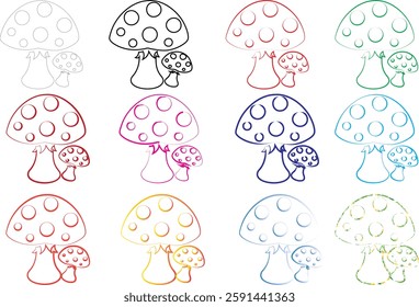 Cute cartoon mushrooms, colorful outlines, polka dot patterns, simple line drawings, pastel colors, repeating designs, whimsical illustration, doodle style, kawaii aesthetic, grid layout, multicolored