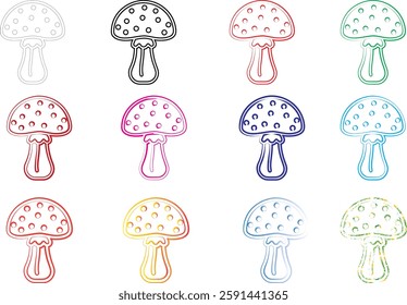 Cute cartoon mushrooms, colorful outlines, polka dot patterns, simple line drawings, pastel colors, repeating designs, whimsical illustration, doodle style, kawaii aesthetic, grid layout, multicolored