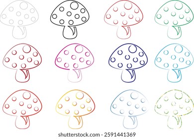 Cute cartoon mushrooms, colorful outlines, polka dot patterns, simple line drawings, pastel colors, repeating designs, whimsical illustration, doodle style, kawaii aesthetic, grid layout, multicolored