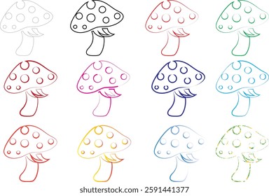 Cute cartoon mushrooms, colorful outlines, polka dot patterns, simple line drawings, pastel colors, repeating designs, whimsical illustration, doodle style, kawaii aesthetic, grid layout, multicolored