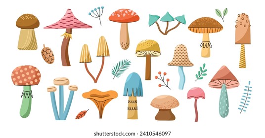 Cute cartoon mushrooms. Different forest fungi, edible and poisonous, fresh natural vegetables products, organic fairy food, vector set.eps
