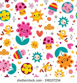 cute cartoon mushrooms, flowers, hearts & birds nature seamless pattern