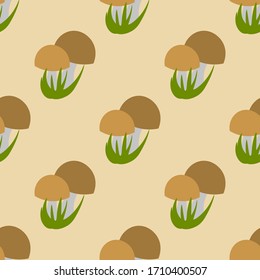 Cute cartoon mushrooms with grass in flat style seamless pattern. Woodland background. Vector illustration.   