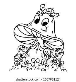 Cute cartoon mushrooms on green grass with caterpillar on hat. Vegetables vector illustration isolated on white background. Outline for coloring book.