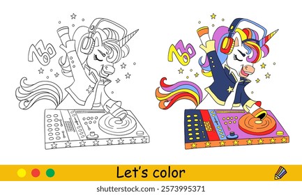 Cute cartoon music unicorn DJ coloring page with color sample. Vector illustration. Unicorn character. Black contour on white background and colored template. For coloring, print, design, stickers