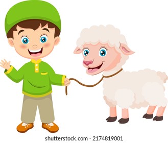 Cute cartoon muslim boy celebrating Eid al Adha with lamb