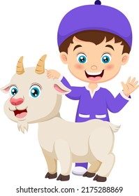 Cute cartoon muslim boy celebrating Eid al Adha with goat